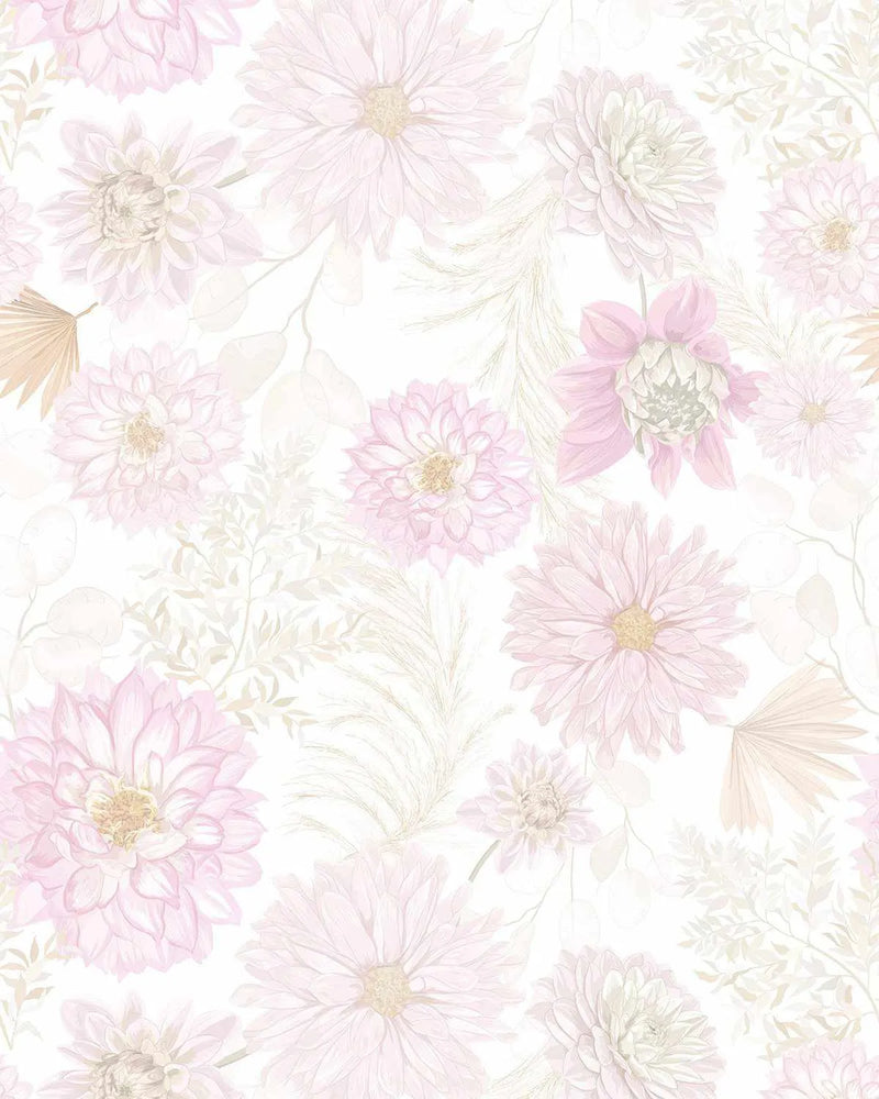 Peel and stick wallpaper featuring a repeating pattern of hand-drawn dahlias and other floral elements in soft blush pink, cream, and muted beige tones on a white background. The design includes large dahlia blooms with detailed petals, delicate leaves, and feathery botanical accents, creating a gentle, ethereal composition.