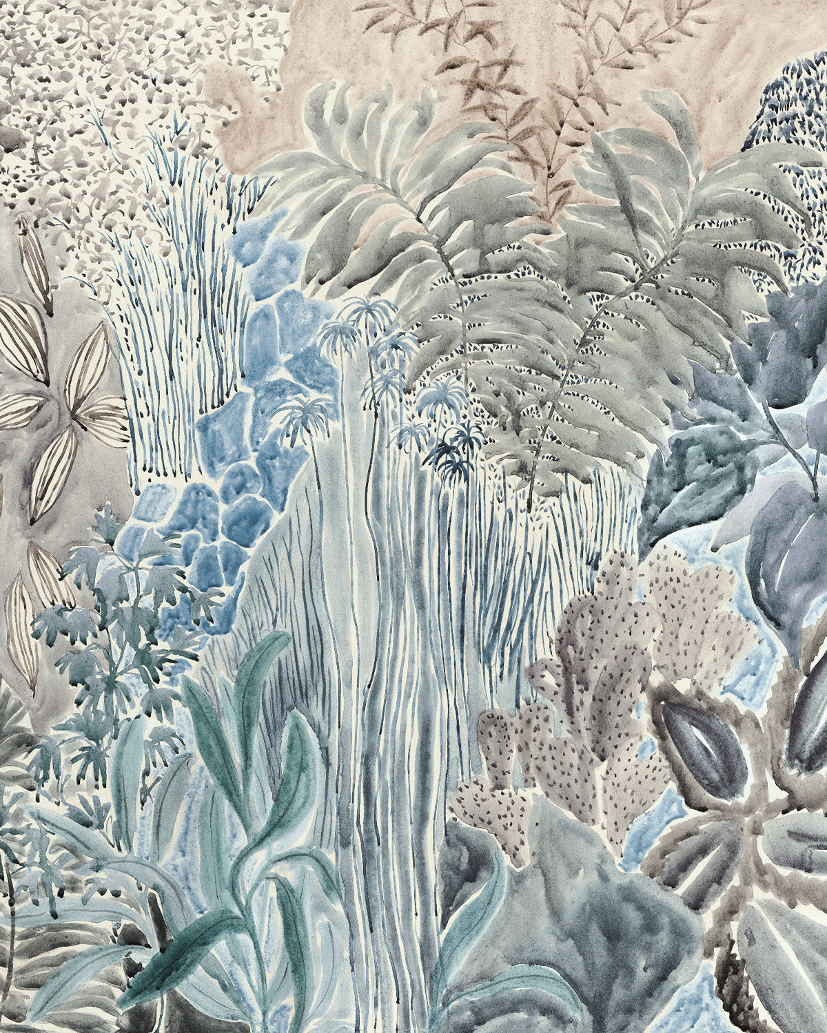Daintree Botanical Panoramic Mural in Blue Wallpaper from Olive et Oriel where you can shop wallpaper and artworks online