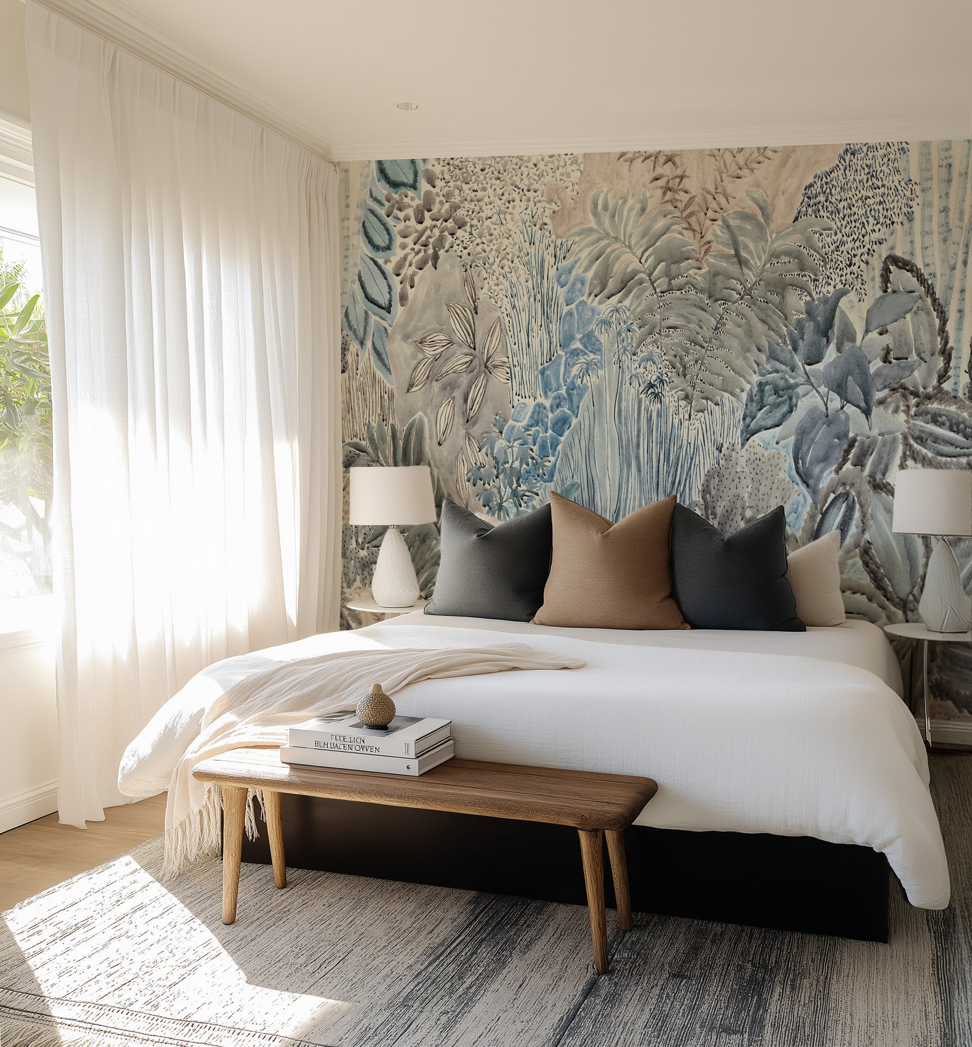 Daintree Botanical Panoramic Mural in Blue Wallpaper from Olive et Oriel where you can shop wallpaper and artworks online