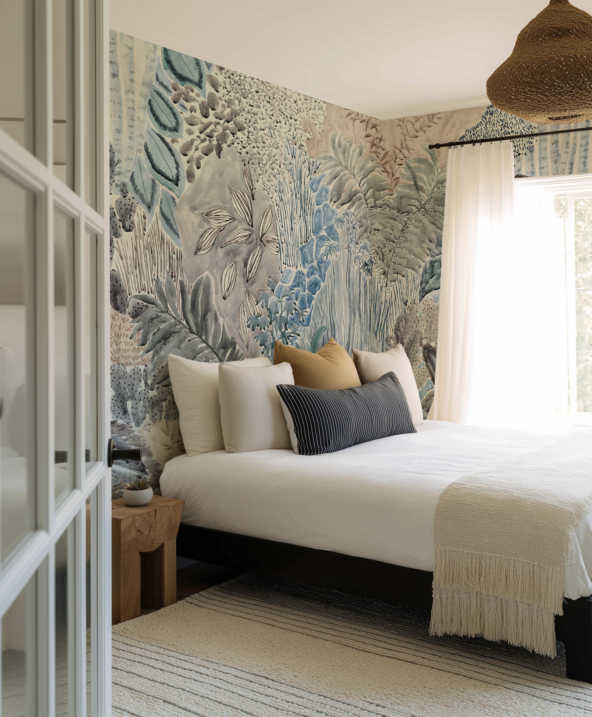 Daintree Botanical Panoramic Mural in Blue Wallpaper from Olive et Oriel where you can shop wallpaper and artworks online