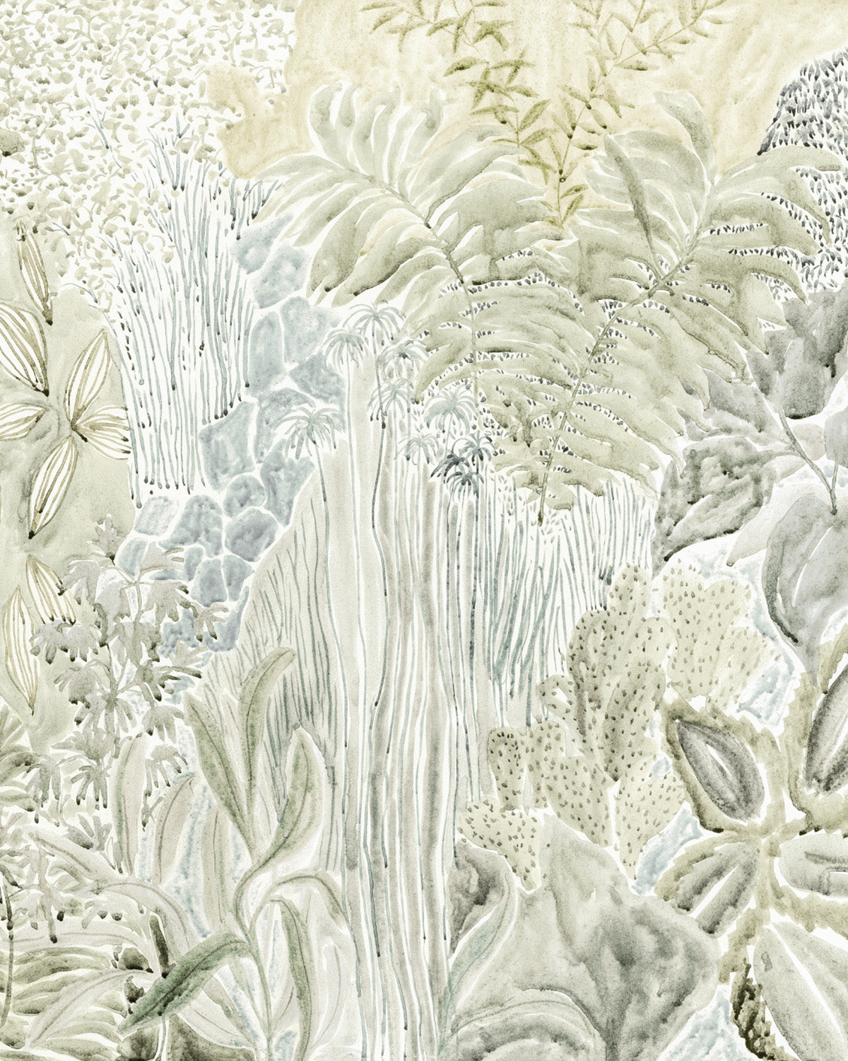 Daintree Botanical Panoramic Mural in Khaki Green Wallpaper from Olive et Oriel where you can shop wallpaper and artworks online