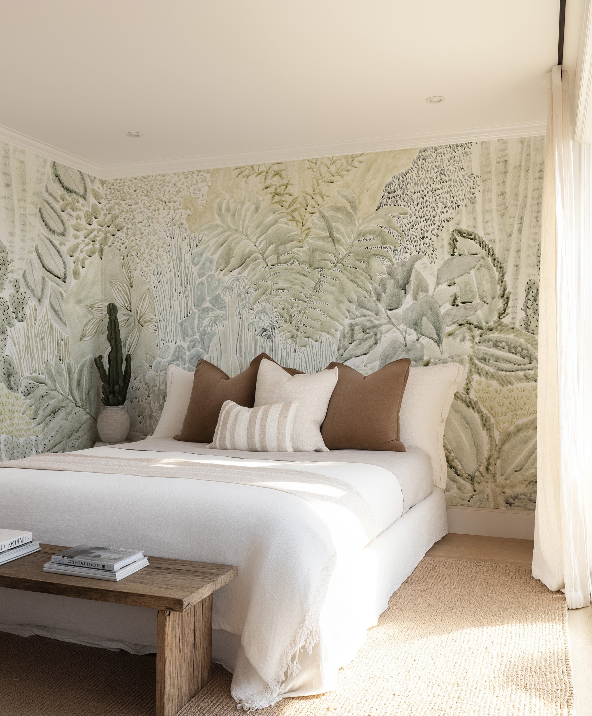 Daintree Botanical Panoramic Mural in Khaki Green Wallpaper from Olive et Oriel where you can shop wallpaper and artworks online