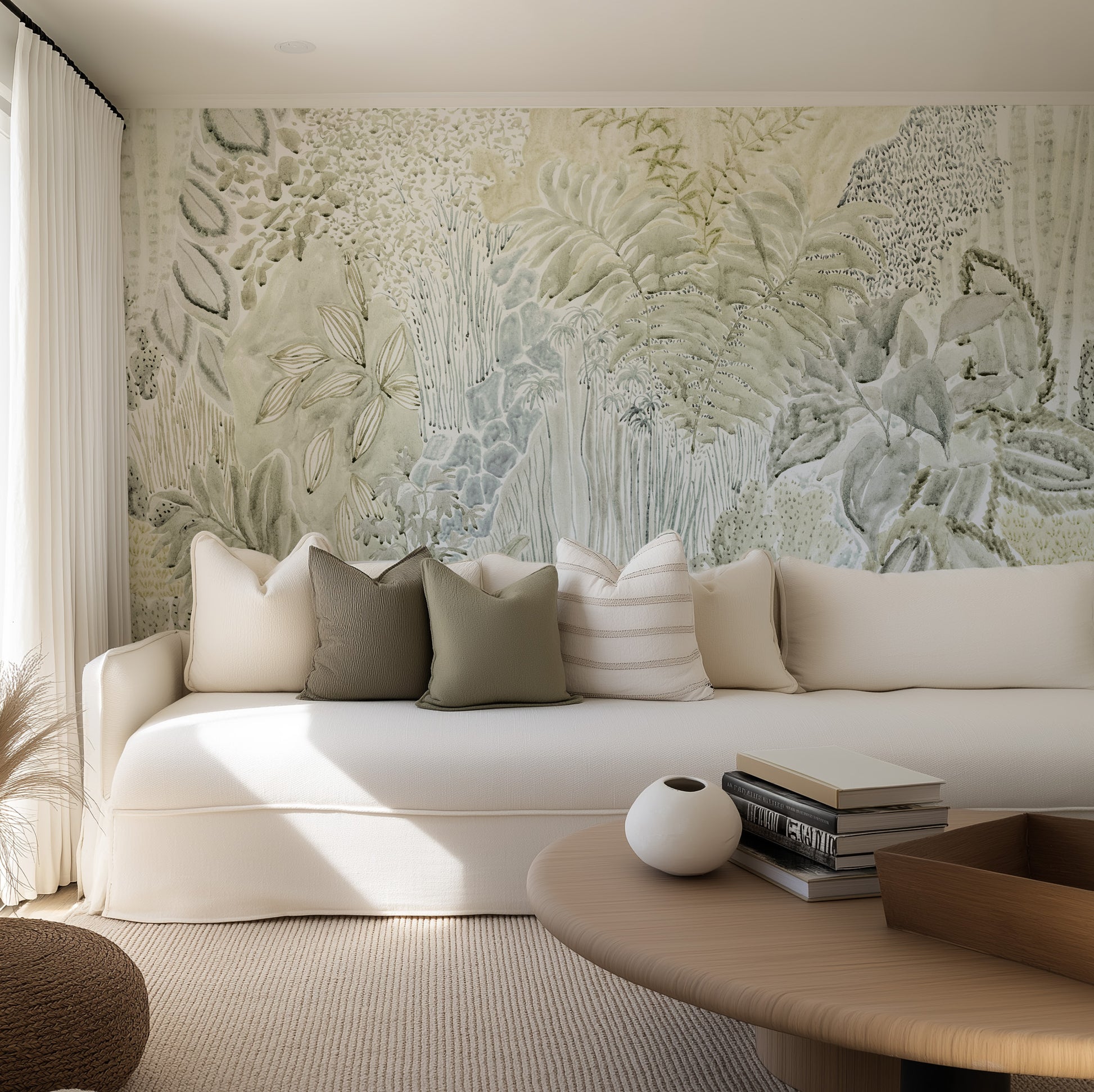 Daintree Botanical Panoramic Mural in Khaki Green Wallpaper from Olive et Oriel where you can shop wallpaper and artworks online