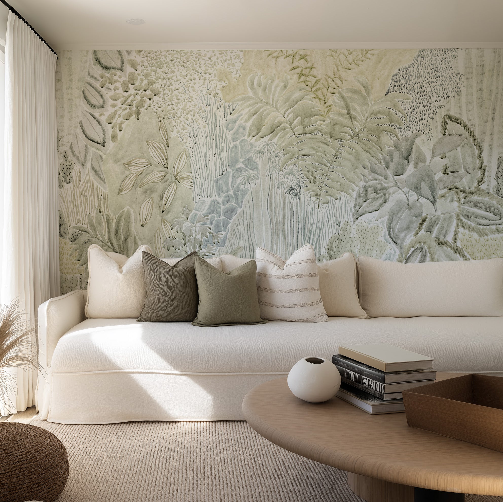 Daintree Botanical Panoramic Mural in Khaki Green Wallpaper from Olive et Oriel where you can shop wallpaper and artworks online