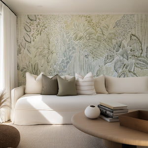Daintree Botanical Panoramic Mural in Khaki Green Wallpaper from Olive et Oriel where you can shop wallpaper and artworks online