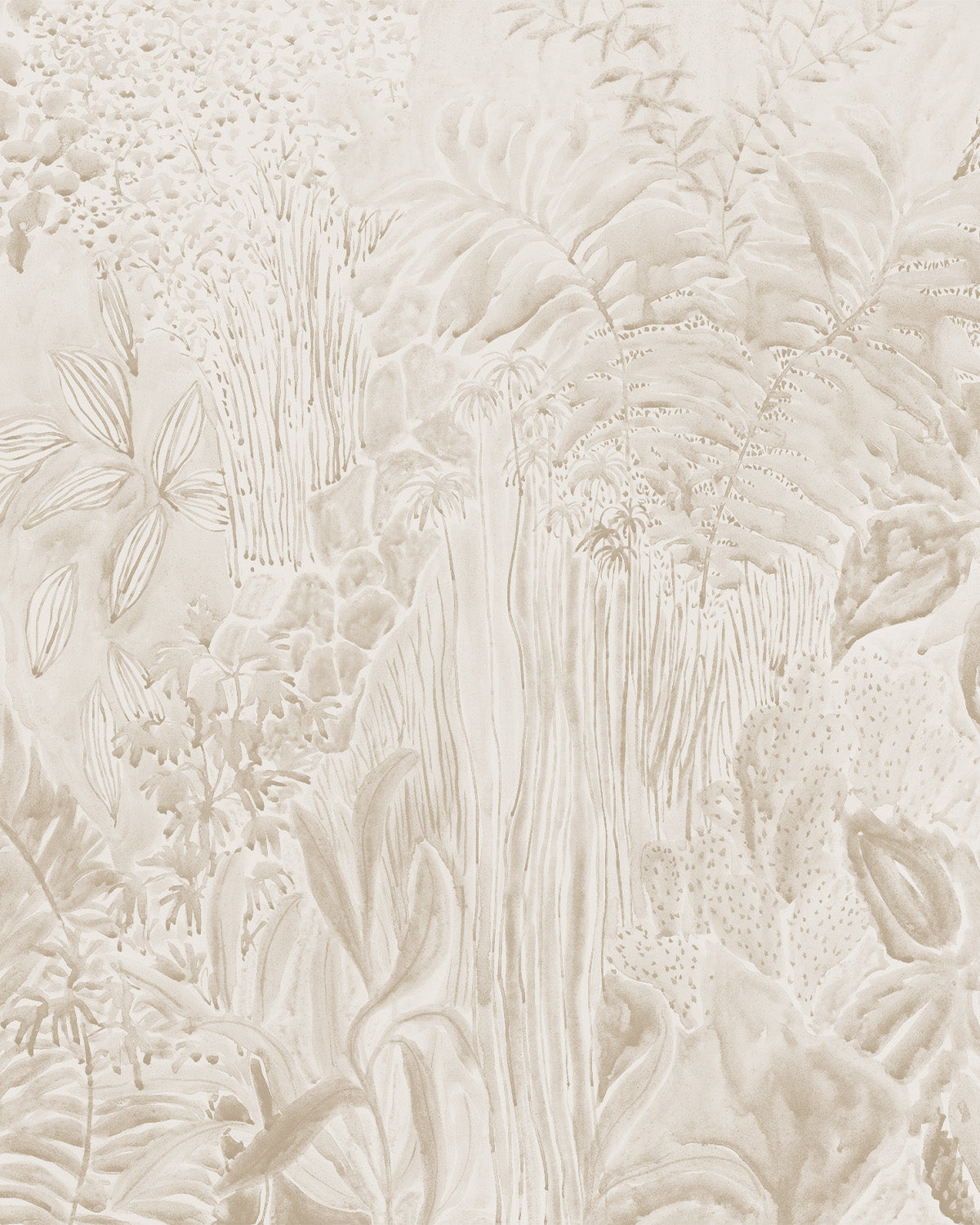 Daintree Botanical Panoramic Mural in Sand Beige Wallpaper from Olive et Oriel where you can shop wallpaper and artworks online