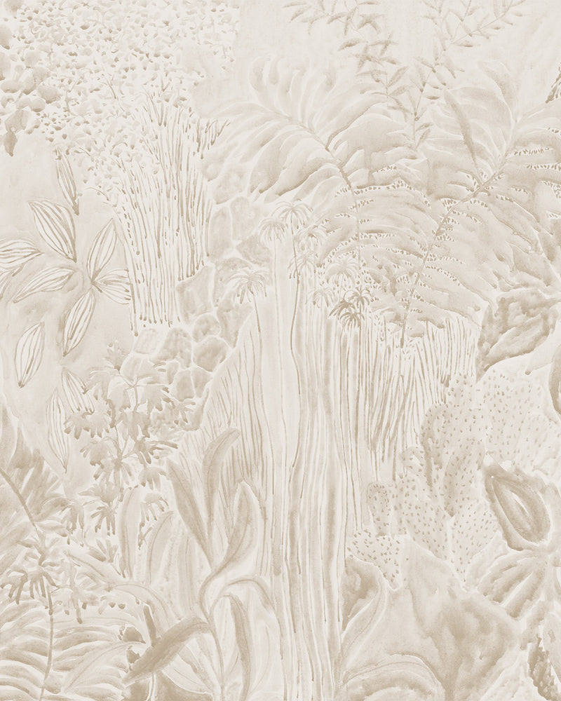 Daintree Botanical Panoramic Mural in Sand Beige Wallpaper from Olive et Oriel where you can shop wallpaper and artworks online