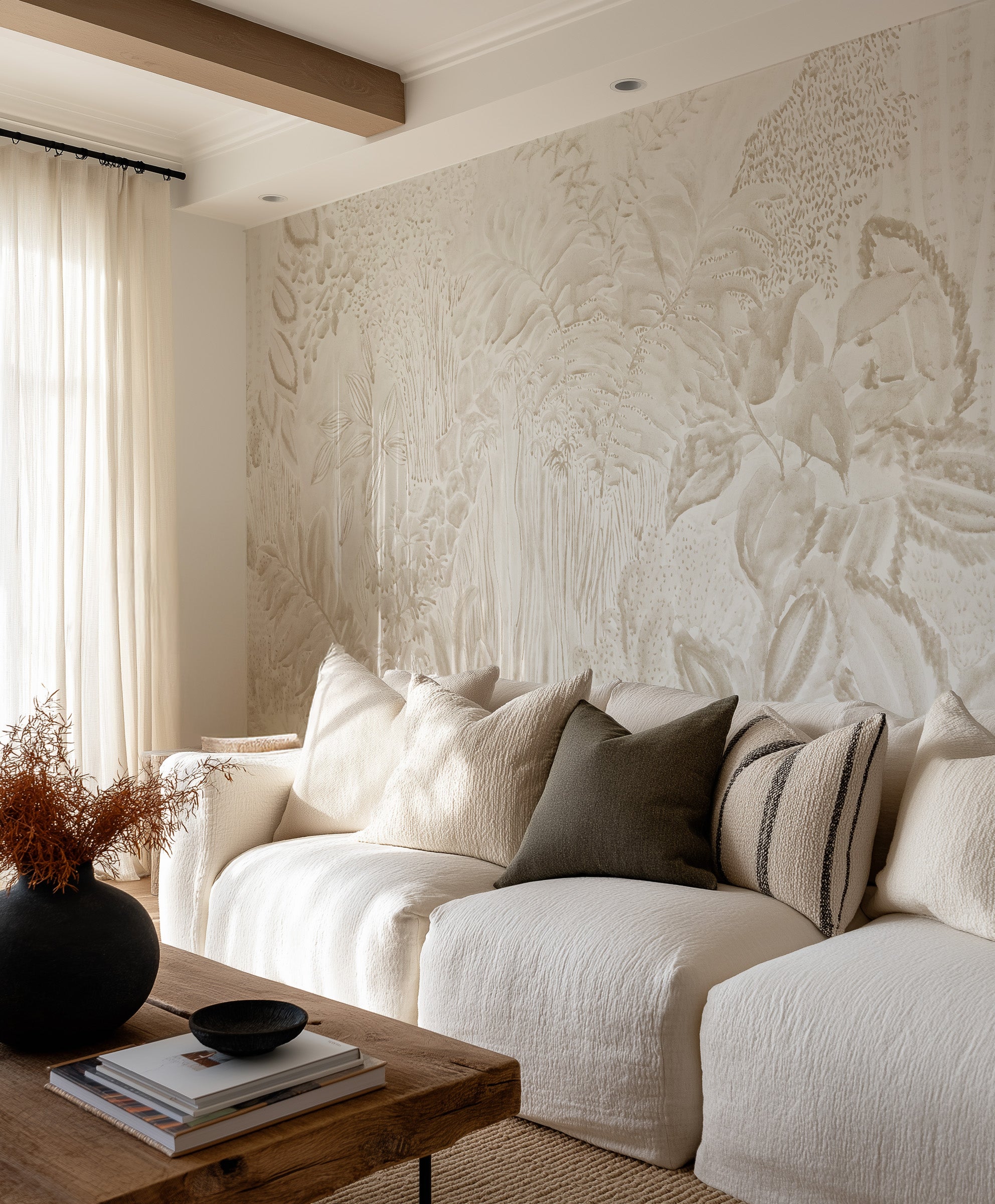 Daintree Botanical Panoramic Mural in Sand Beige Wallpaper from Olive et Oriel where you can shop wallpaper and artworks online