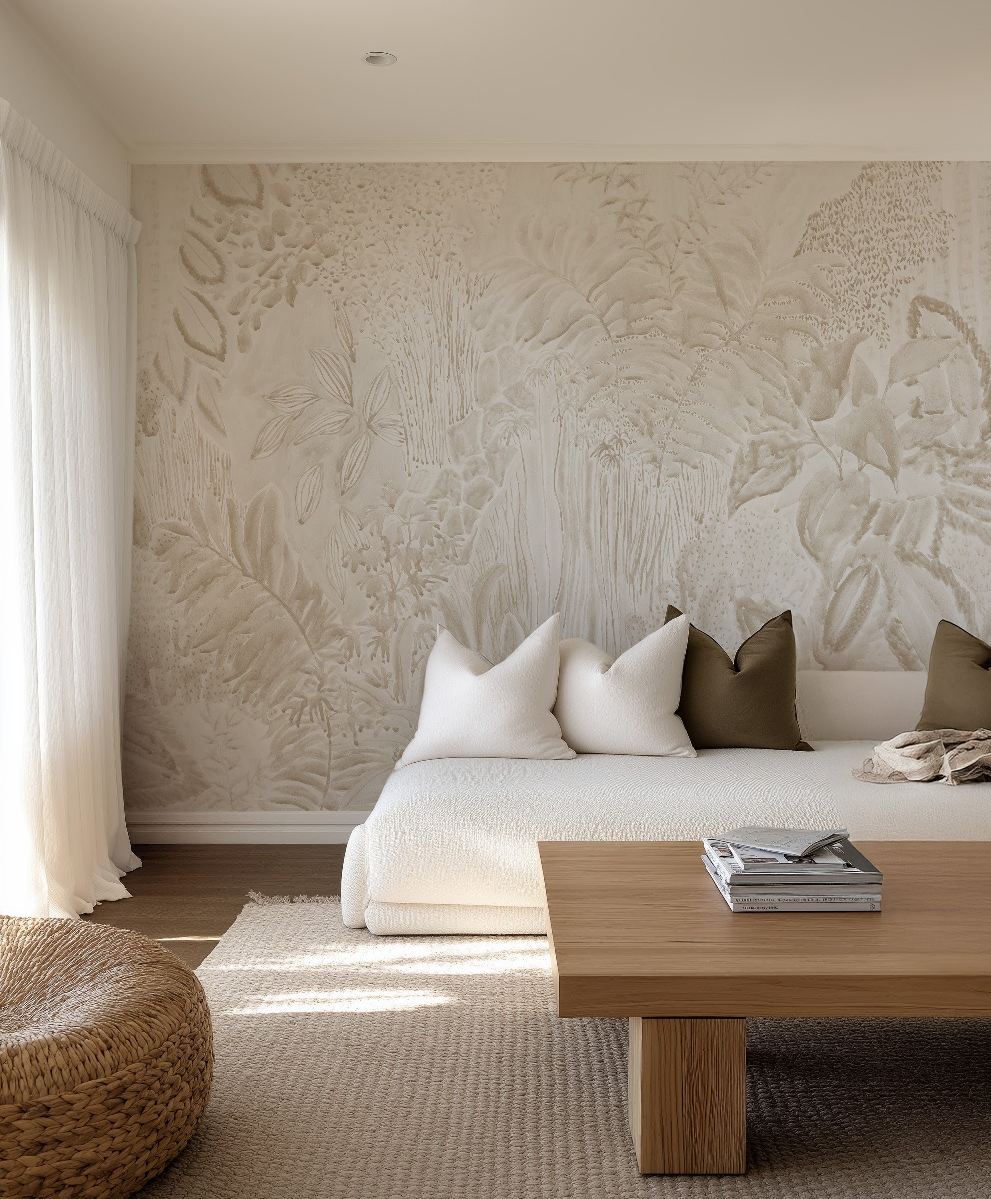 Daintree Botanical Panoramic Mural in Sand Beige Wallpaper from Olive et Oriel where you can shop wallpaper and artworks online
