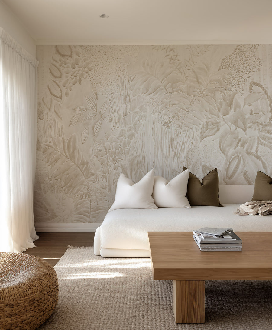 Daintree Botanical Panoramic Mural in Sand Beige Wallpaper from Olive et Oriel where you can shop wallpaper and artworks online