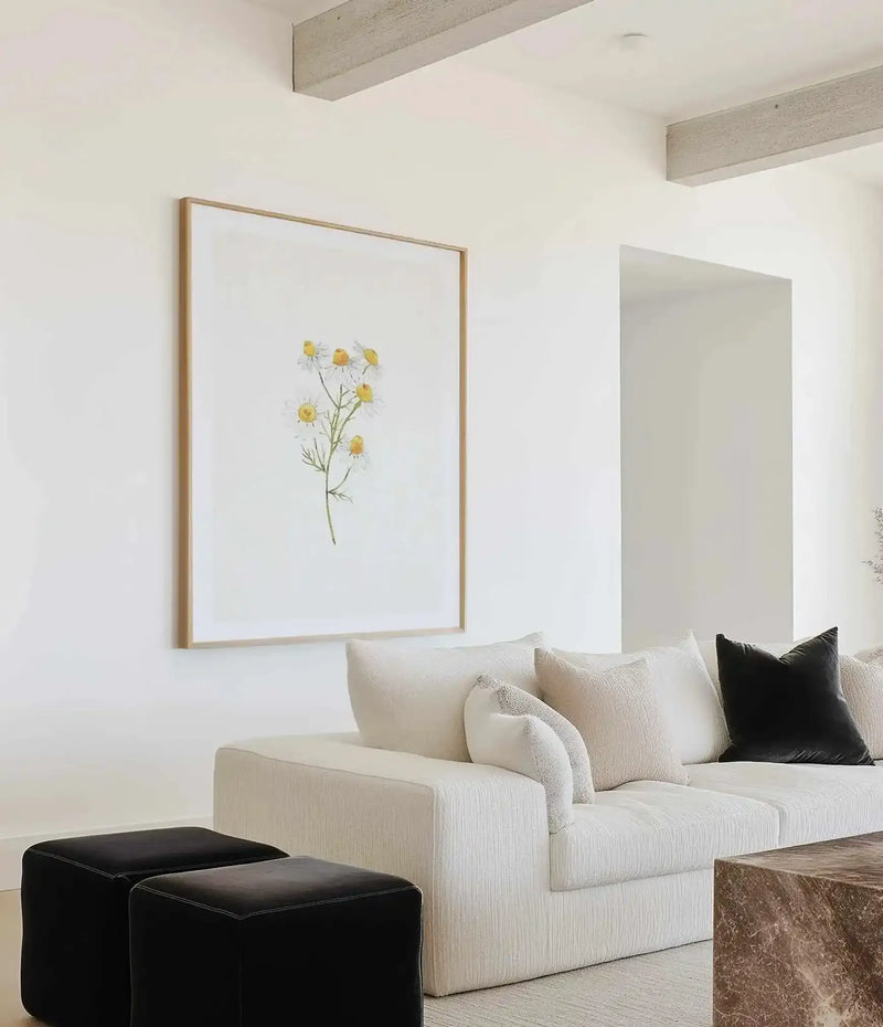 Large framed art print displayed above a textured cream sofa in a minimalist living room. The print features a watercolour illustration of a cluster of white daisies with yellow centers and green stems on a white background, with a natural wood frame and white border. The room includes two black velvet ottomans and a marble coffee table.