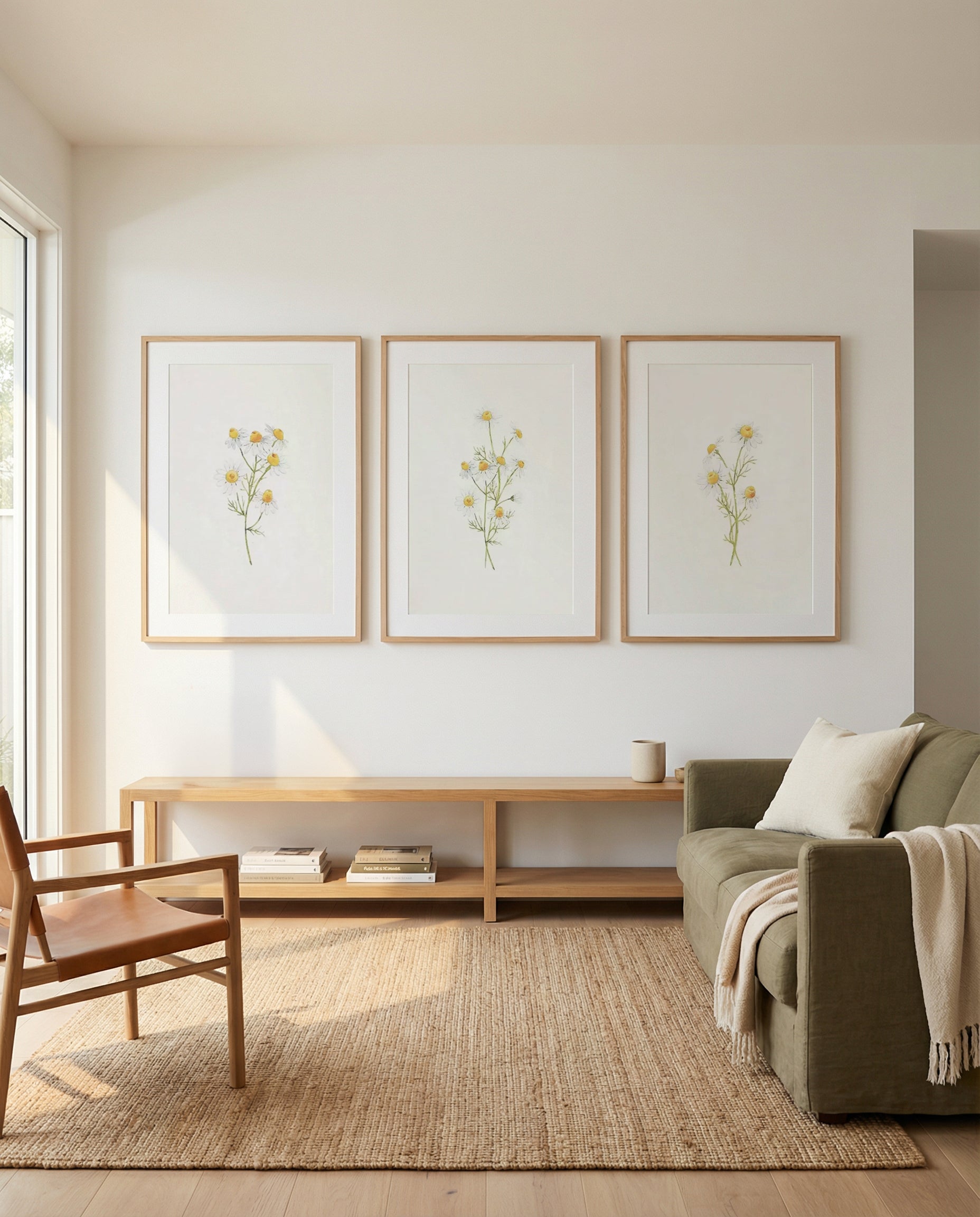 Daisies on Linen I, II & III | 3 Piece Wall Art Set in Yellow art print oak frame with white border
