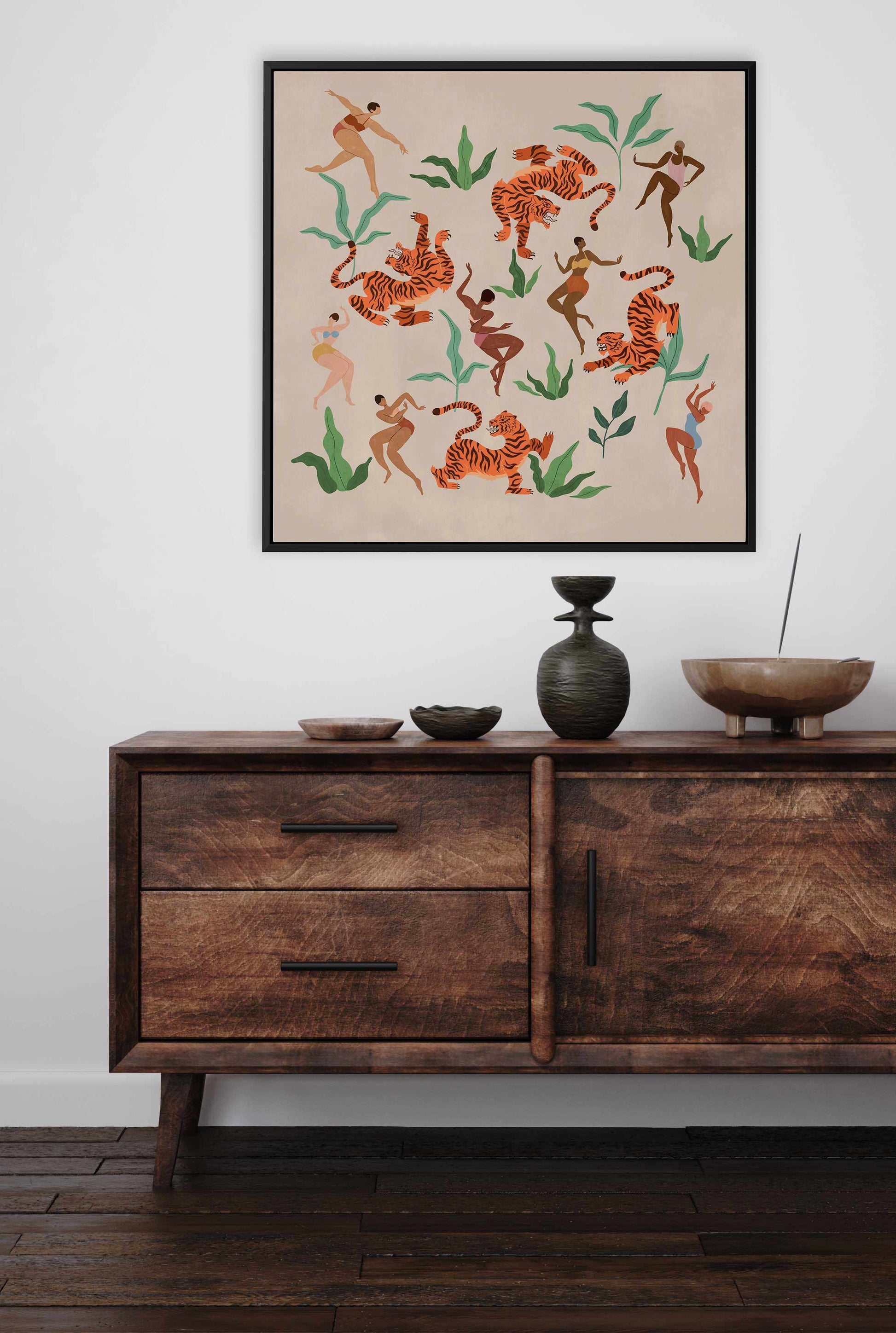 Dancing With Tigers by Arty Guava | Framed Canvas Art Print from Olive et Oriel where you can shop wallpaper and artworks online
