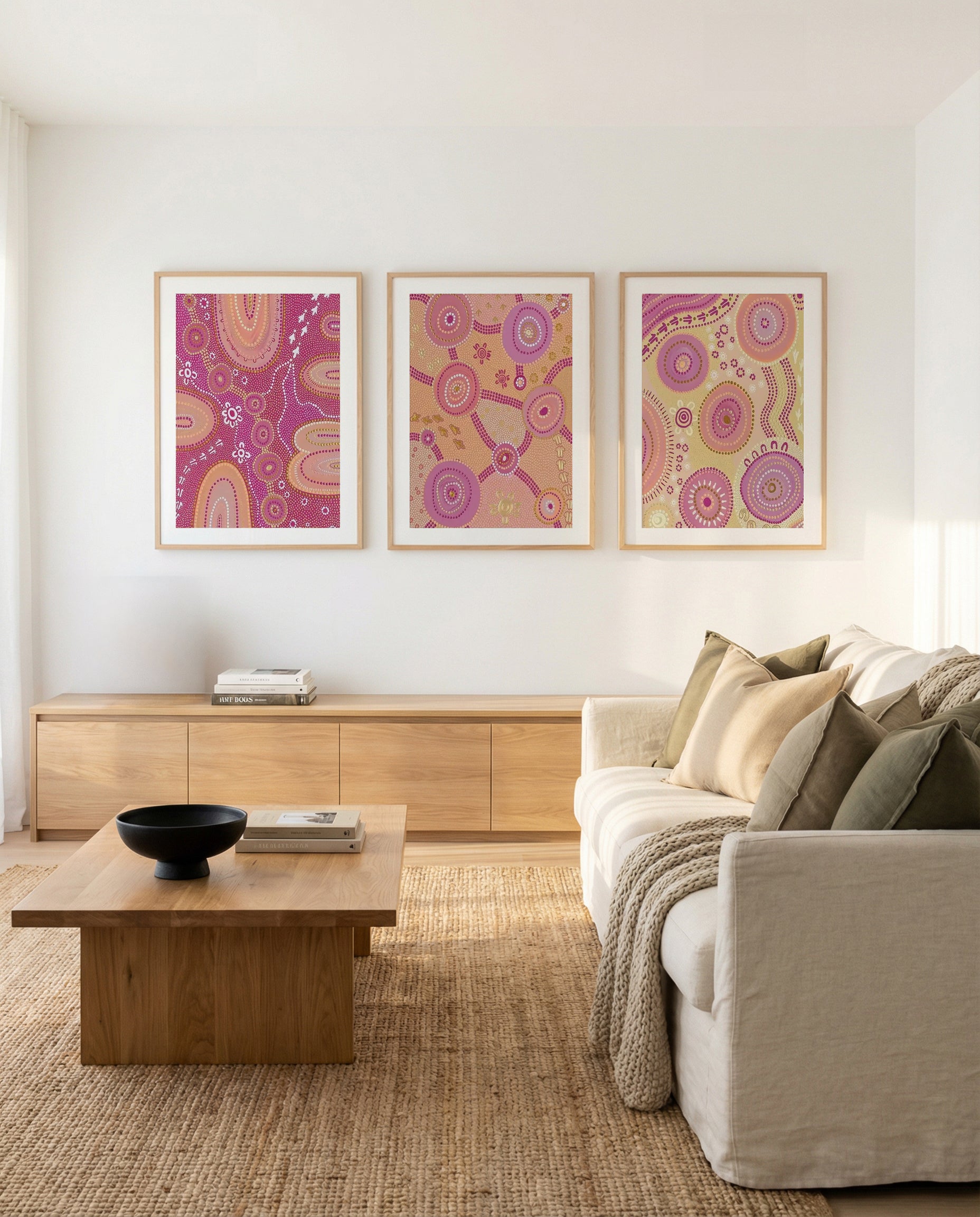 Dancing on Country I, II & III by Domica Hill | 3 Piece Wall Art Set in Pink and Purple abstract art print oak frame with ...