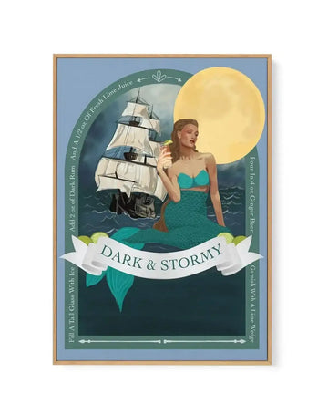 Framed canvas art print featuring an illustrated mermaid with a teal tail and bikini top, holding a cocktail, sitting on a dark blue ocean with a tall ship behind her and a large yellow moon in the sky. A white banner across the bottom reads "DARK & STORMY" with lime wedges. Text around the top edge provides cocktail instructions. The print is displayed in a natural wood frame.