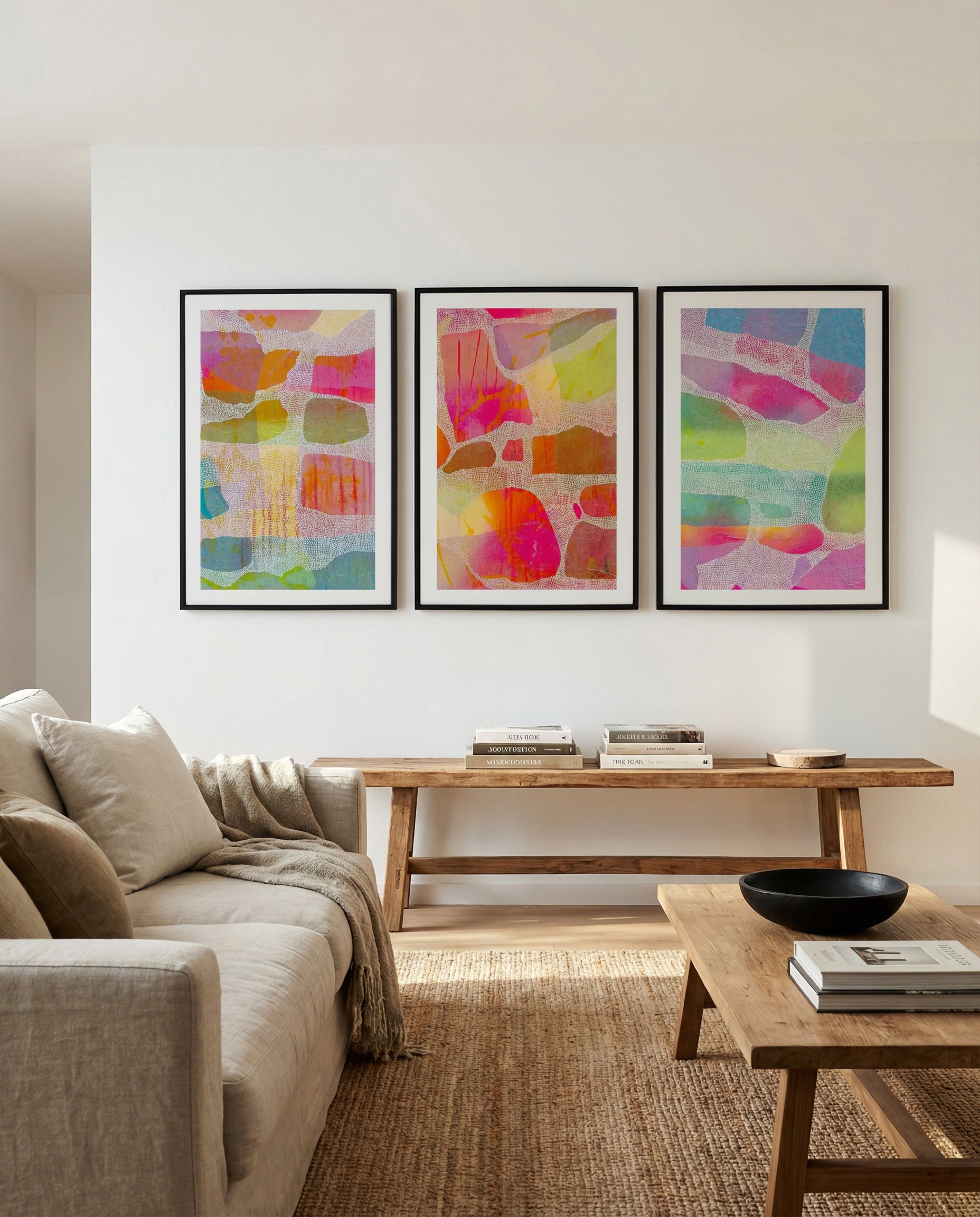 Dawn I, II & III by Laura Oczós | 3 Piece Wall Art Set in Bright & Vibrant abstract art print oak frame with white border