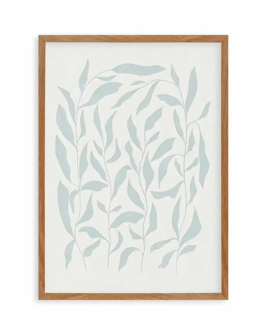 Watercolour art print featuring a repeating pattern of delicate leaves and stems in a soft, muted sage green against a clean white background, printed on fine art paper and displayed in a natural oak frame with white border