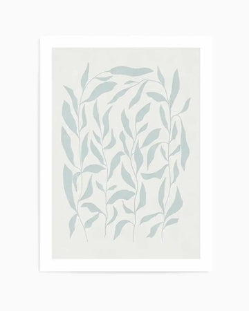 Art print featuring an illustration of several tall, slender plant stems with numerous elongated leaves in a pale, muted blue-green color, arranged in a loose, organic pattern on a soft off-white background. The leaves have a simple, flat graphic style with subtle variations in shape and direction.