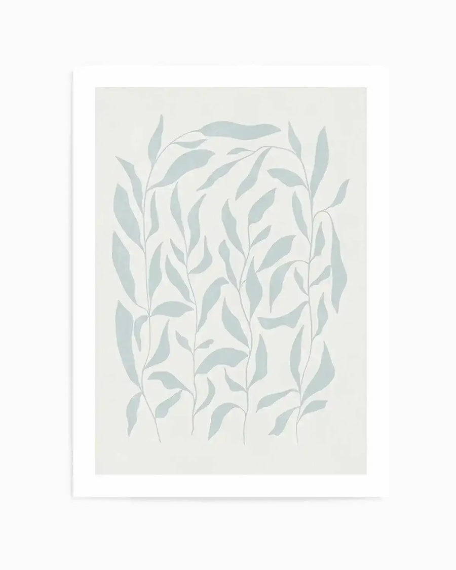 Art print featuring an illustration of several tall, slender plant stems with numerous elongated leaves in a pale, muted blue-green color, arranged in a loose, organic pattern on a soft off-white background. The leaves have a simple, flat graphic style with subtle variations in shape and direction.