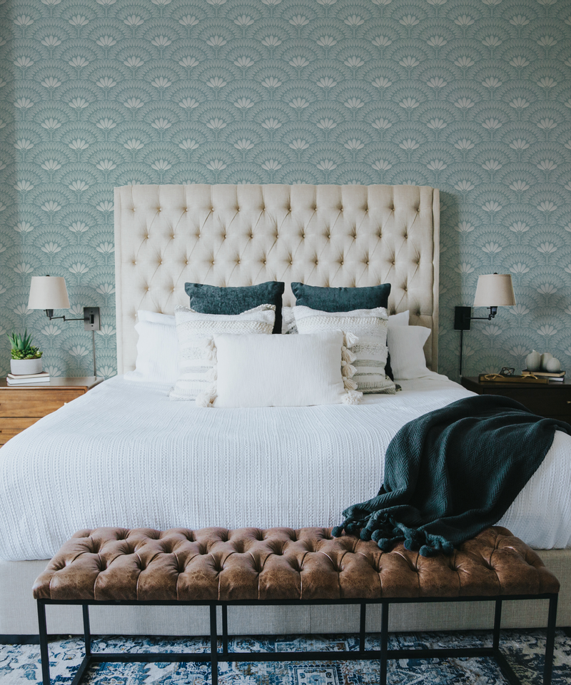 Deco Lotus Light Teal Blue Wallpaper from Olive et Oriel where you can shop wallpaper and artworks online