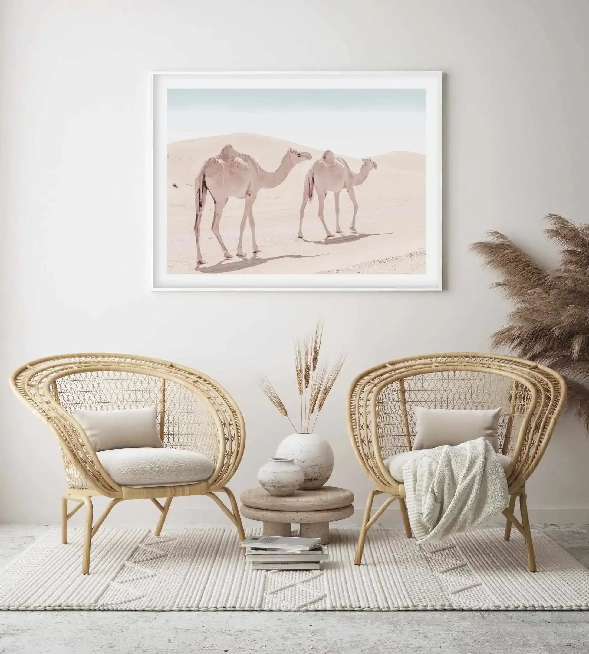 Desert Camels II Art Print-Shop Australian Art Prints Online with Olive et Oriel - Our collection of Moroccan art prints offer unique wall art including moroccan arches and pink morocco doors of marrakech - this collection will add soft feminine colour to your walls and some may say bohemian style. These traditional morocco landscape photography includes desert scenes of palm trees and camel art prints - there is art on canvas and extra large wall art with fast, free shipping across Australia. U