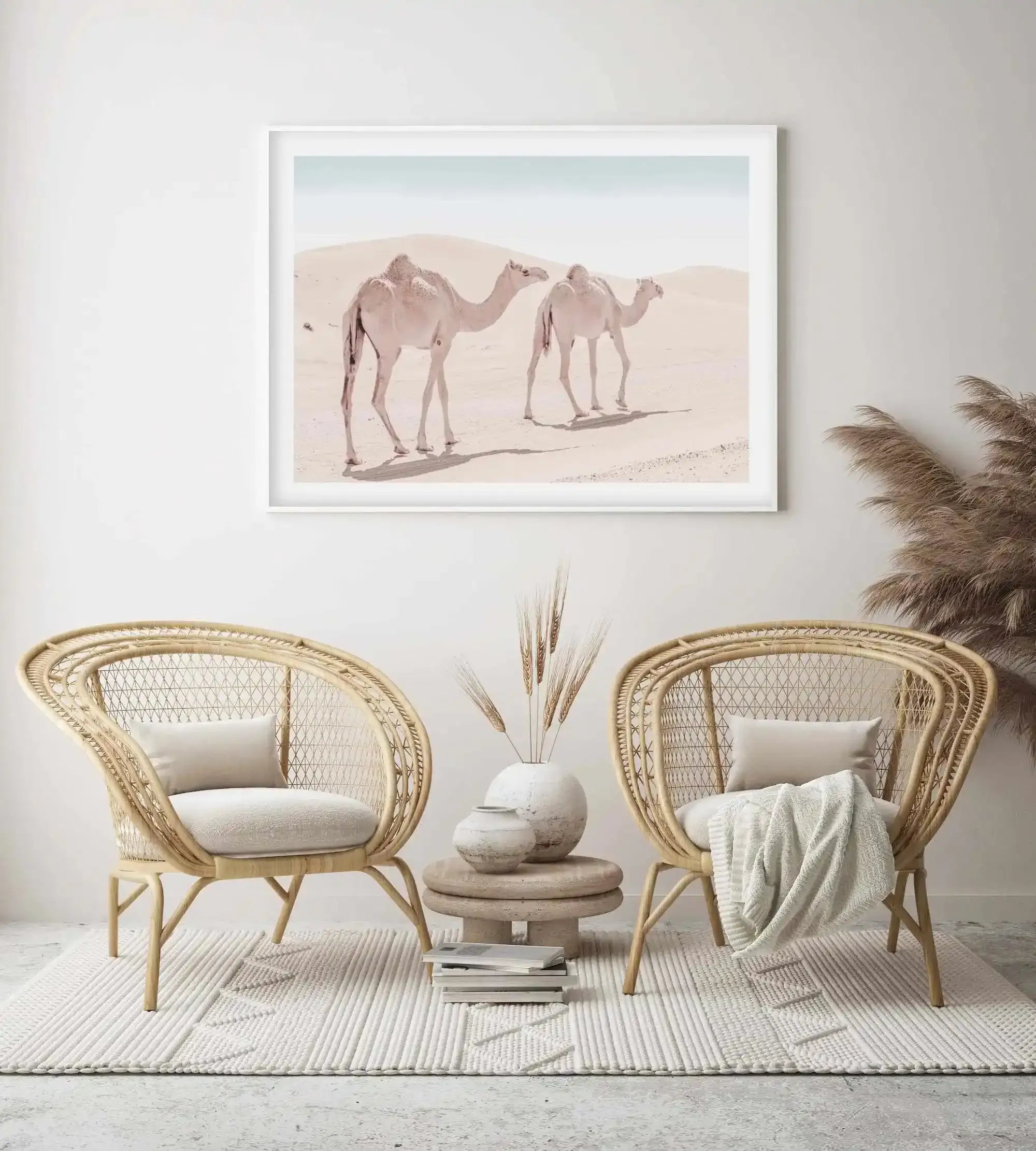Desert Camels II Art Print-Shop Australian Art Prints Online with Olive et Oriel - Our collection of Moroccan art prints offer unique wall art including moroccan arches and pink morocco doors of marrakech - this collection will add soft feminine colour to your walls and some may say bohemian style. These traditional morocco landscape photography includes desert scenes of palm trees and camel art prints - there is art on canvas and extra large wall art with fast, free shipping across Australia. U