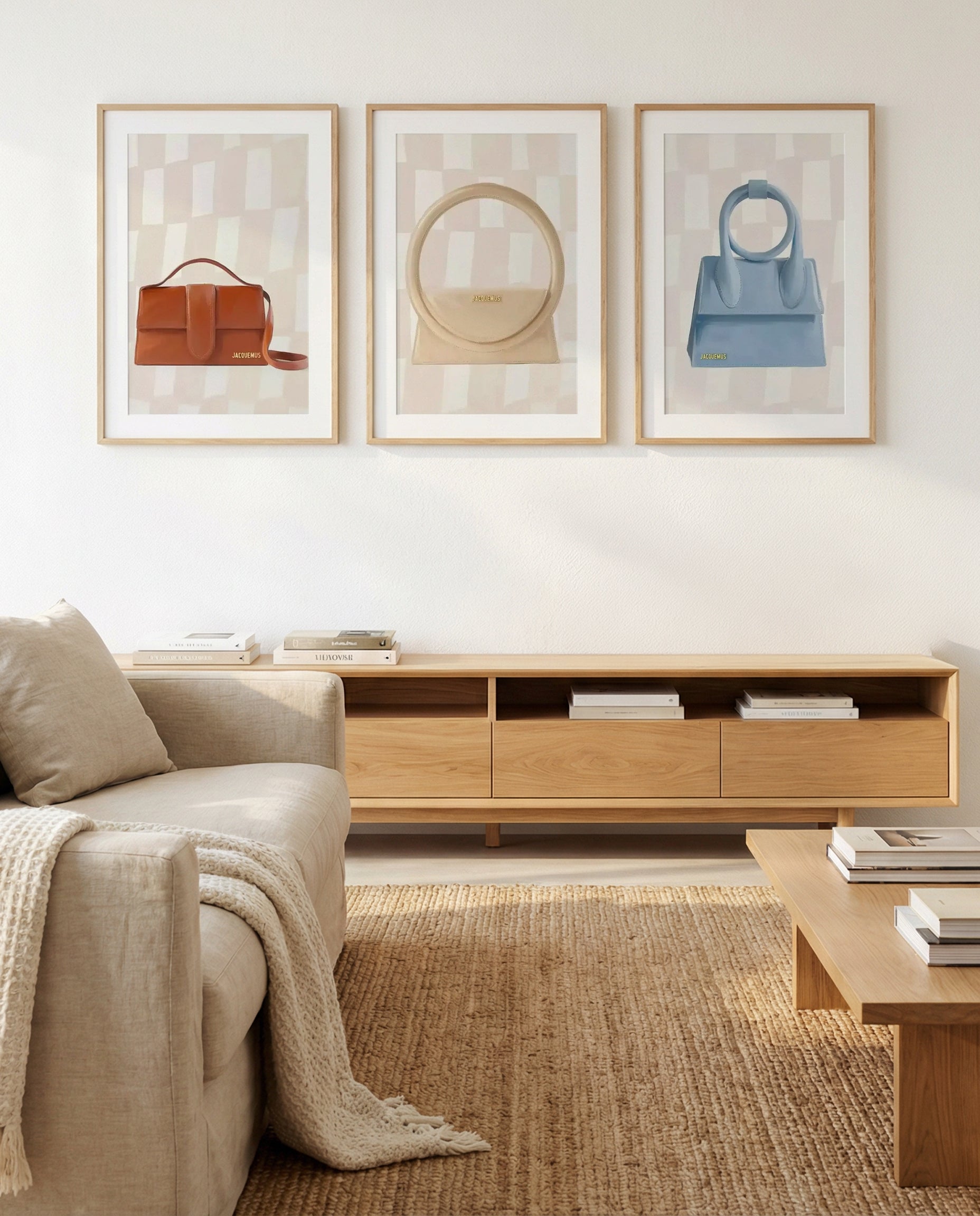 Designer Bag I, II & III | 3 Piece Wall Art Set in Beige and Blue art print oak frame with white border