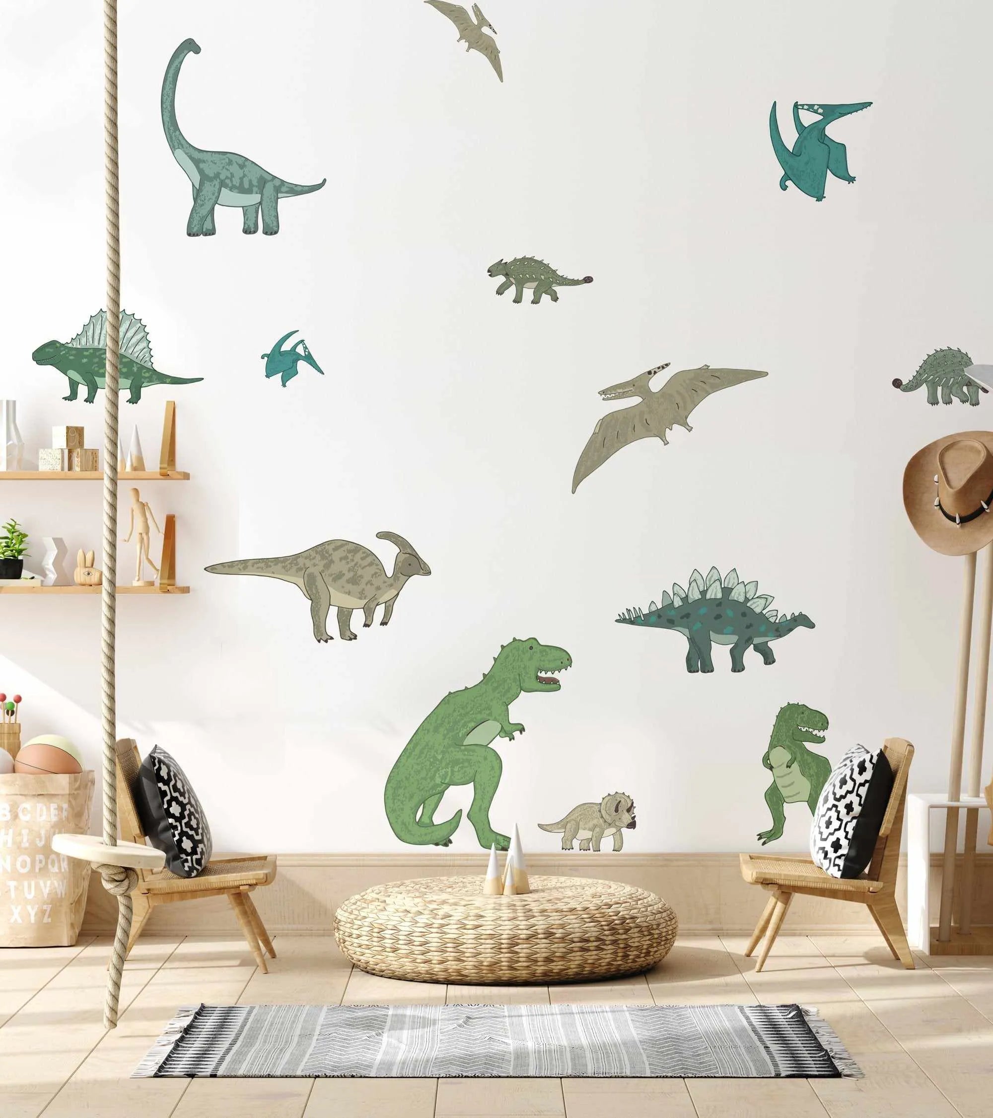 Dino-Roar Dinosaurs Decal Set-Decals-Olive et Oriel-Decorate your kids bedroom wall decor with removable wall decals, these fabric kids decals are a great way to add colour and update your children's bedroom. Available as girls wall decals or boys wall decals, there are also nursery decals.