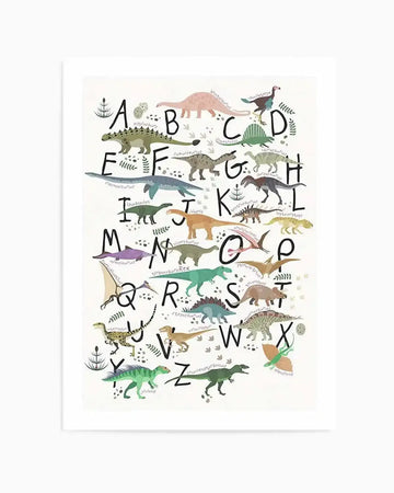 Art Print:
"Dinosaur alphabet art print featuring a different dinosaur for each letter of the alphabet, from A to Z, on a cream background. Each dinosaur is illustrated in a whimsical, hand-drawn style with muted, earthy tones of green, brown, purple, and orange. The letters are large and black, with the dinosaur's name written in a smaller, handwritten font next to it. The print has a playful, educational feel."