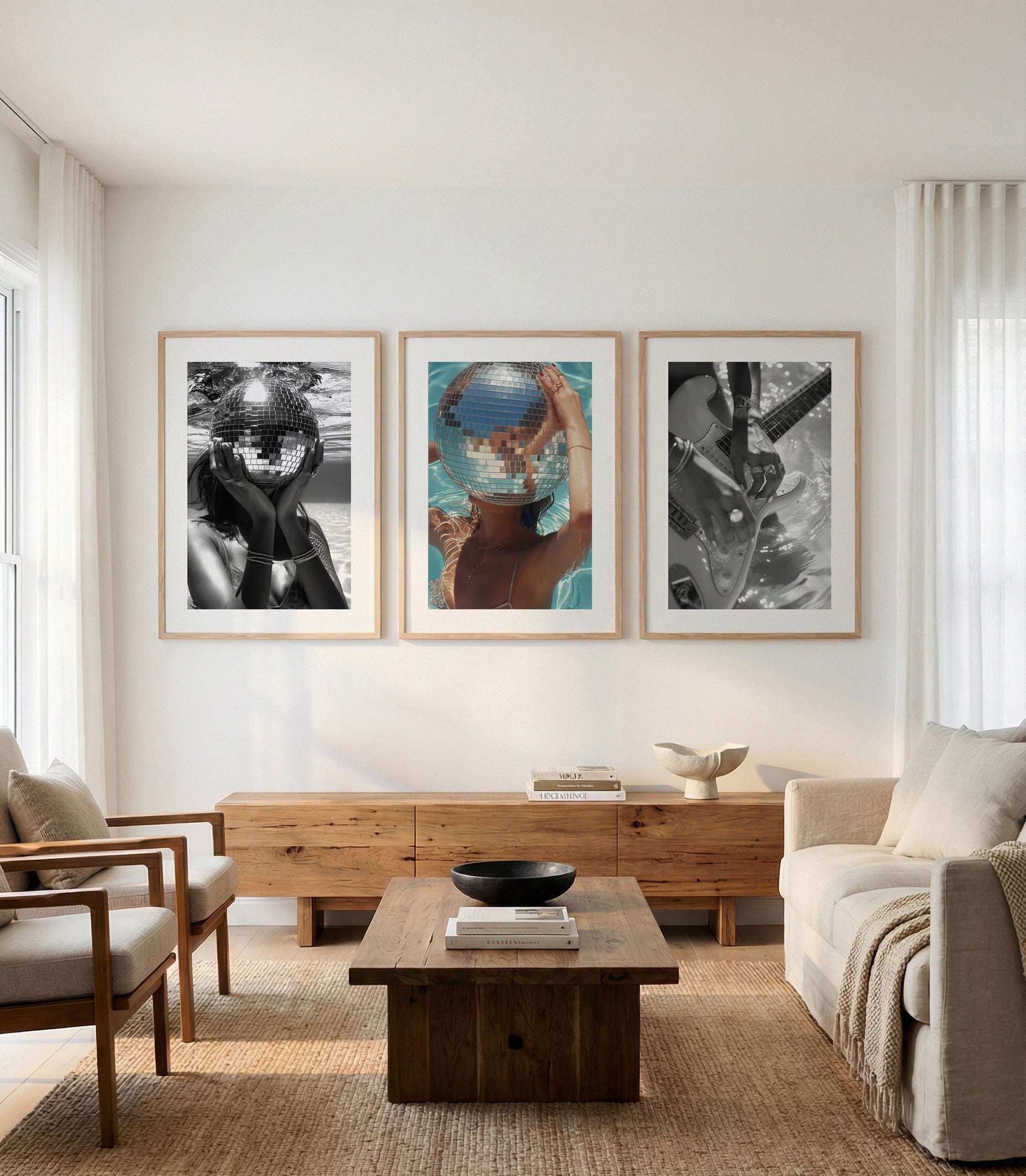 Disco No I, II & III by MJ | 3 Piece Wall Art Set in Black and White art print oak frame with white border