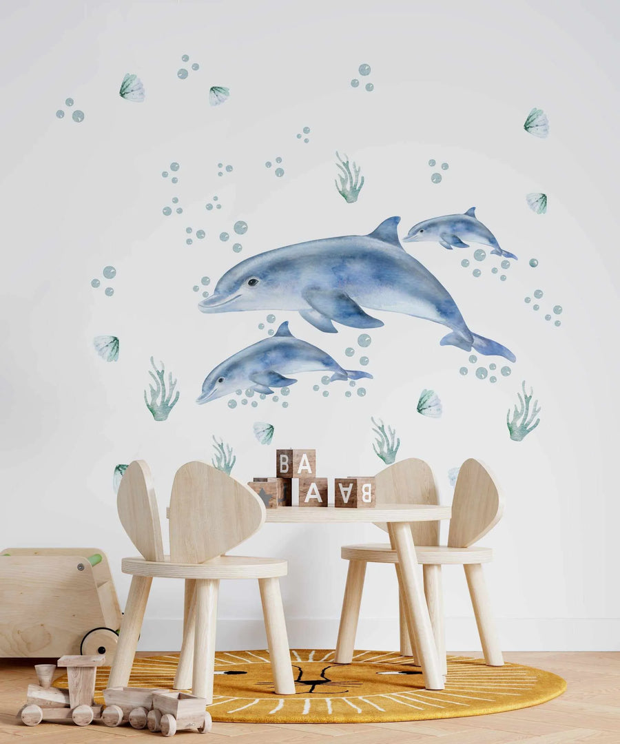 Dolphins and Bubbles Decal Set-Decals-Olive et Oriel-Decorate your kids bedroom wall decor with removable wall decals, these fabric kids decals are a great way to add colour and update your children's bedroom. Available as girls wall decals or boys wall decals, there are also nursery decals.