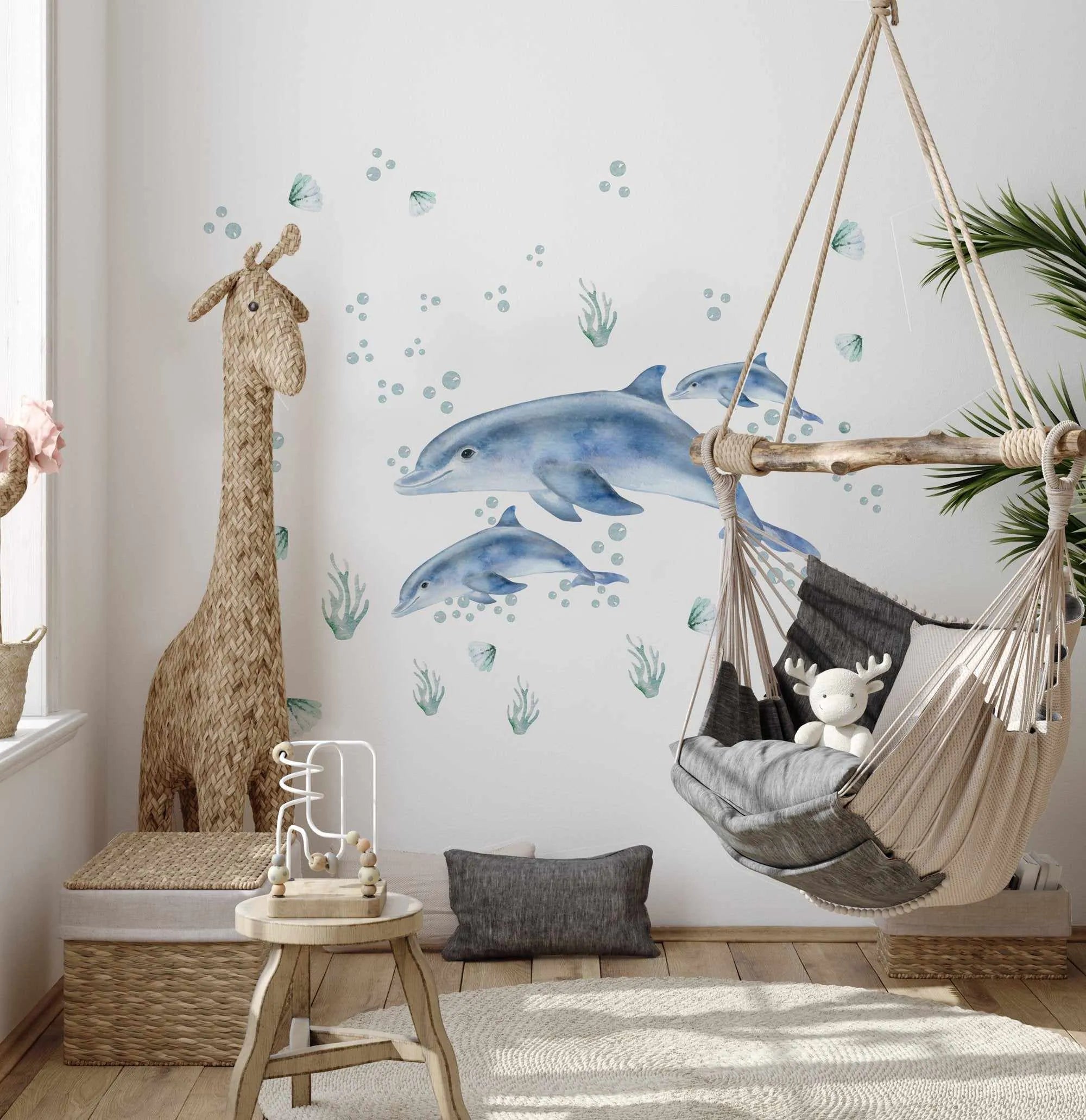Dolphins and Bubbles Decal Set-Decals-Olive et Oriel-Decorate your kids bedroom wall decor with removable wall decals, these fabric kids decals are a great way to add colour and update your children's bedroom. Available as girls wall decals or boys wall decals, there are also nursery decals.