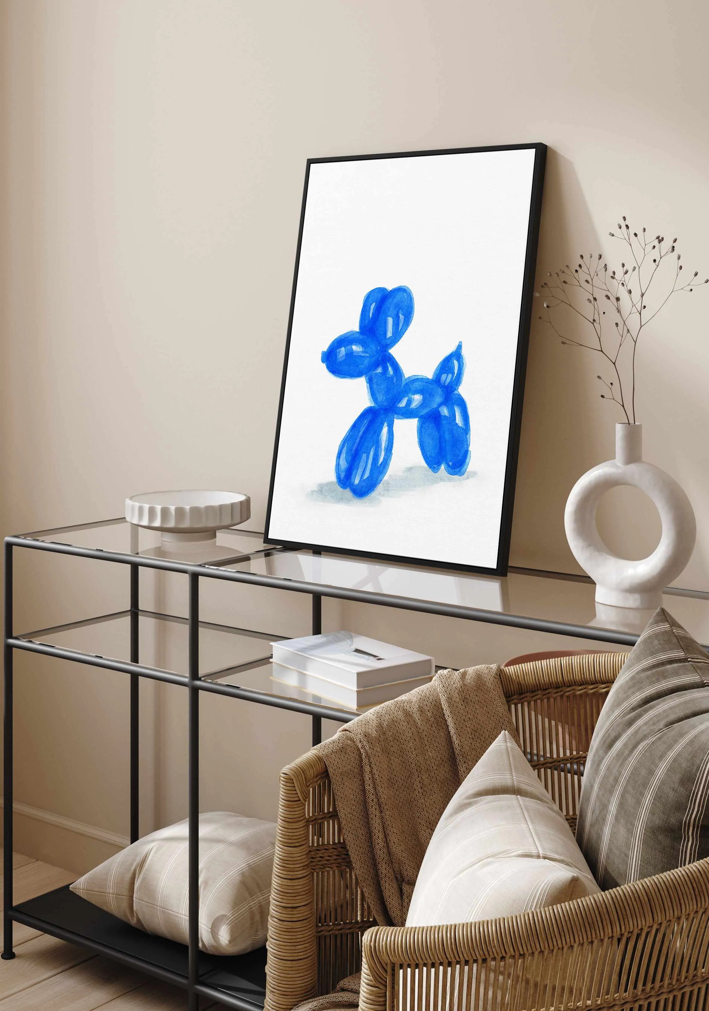 Don't Pop The Blue Dog | Framed Canvas Art Print from Olive et Oriel where you can shop wallpaper and artworks online