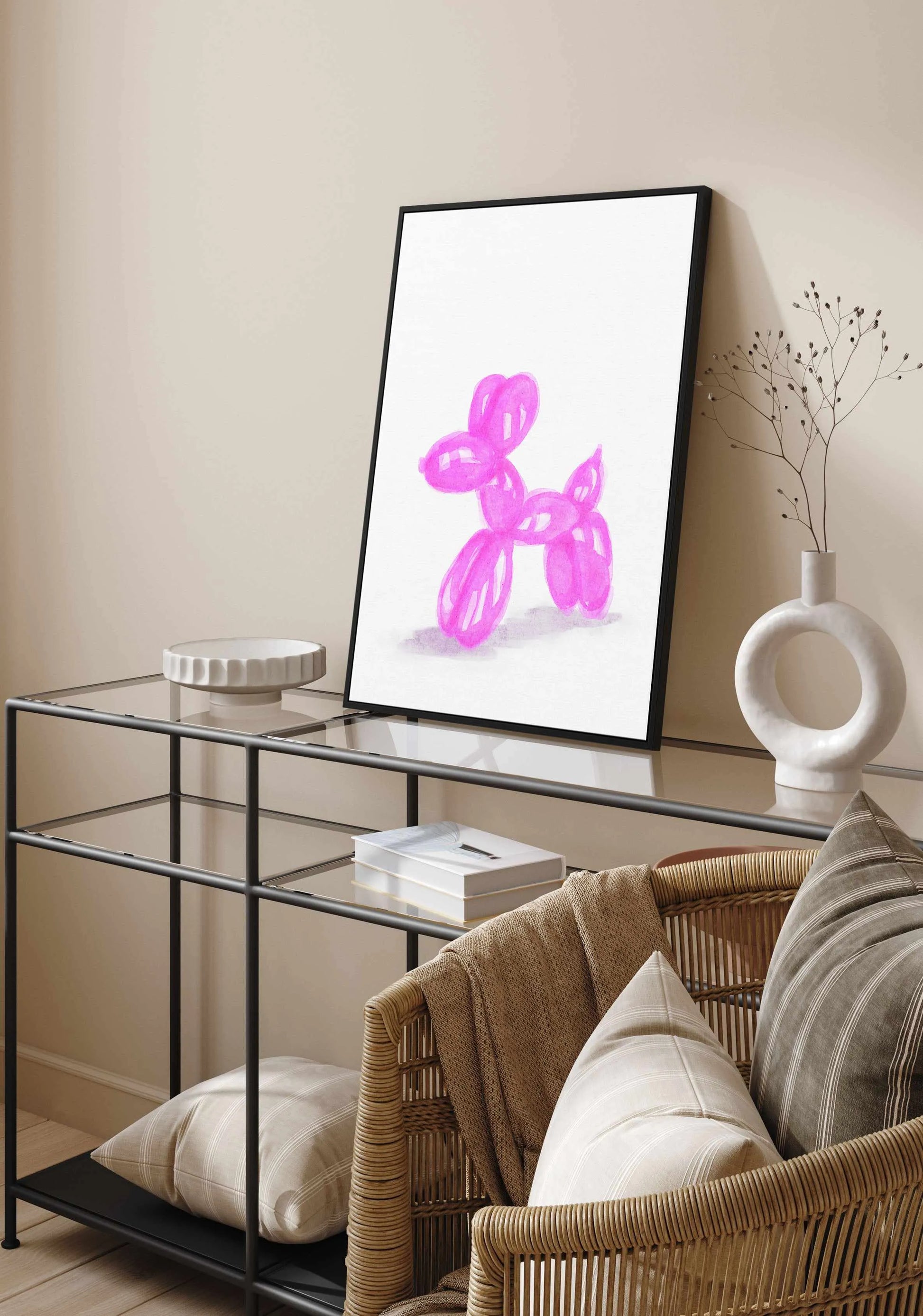 Don't Pop The Pink Dog | Framed Canvas Art Print from Olive et Oriel where you can shop wallpaper and artworks online