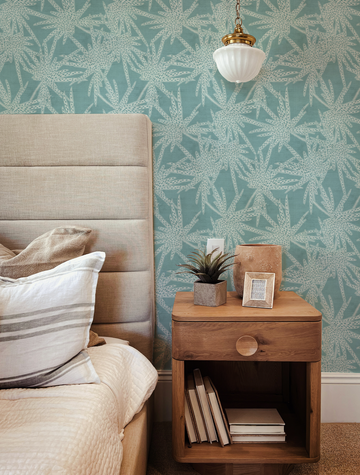 Dotted Palms Teal Blue Wallpaper from Olive et Oriel where you can shop wallpaper and artworks online