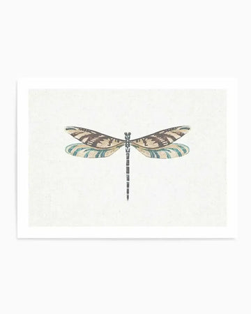 Art print featuring a stylized illustration of a dragonfly with patterned wings in shades of brown, beige, and teal stripes, and a segmented dark grey body, on a textured off-white background.
