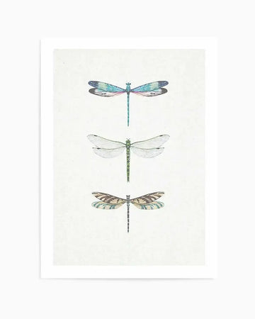 Art print featuring three stylized dragonfly illustrations arranged vertically on a textured off-white background. The top dragonfly has wings in shades of teal, blue, and light pink, with a teal body. The middle dragonfly has clear, translucent wings with a subtle white outline and a green body. The bottom dragonfly has wings with a pattern of brown, cream, and teal stripes, and a brown and cream striped body. The illustrations have a hand-drawn, slightly distressed quality.