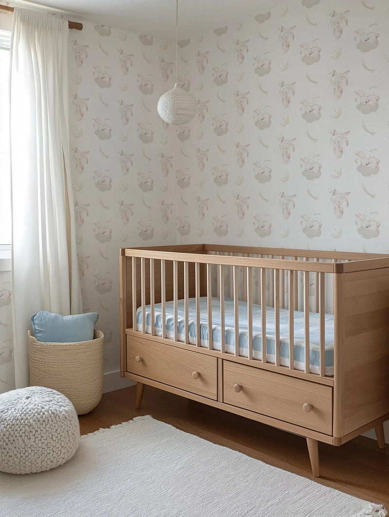 Nursery:
"Dreaming Bunnies Wallpaper featuring a repeating pattern of sleeping bunnies on clouds, crescent moons, and shooting stars in soft pink, pale grey, and cream tones, displayed in a bright nursery. The wallpaper is visible behind a natural wood crib with a light blue and white striped mattress, a woven basket with a blue pillow, a white knitted pouf, and a white textured rug on a light wood floor. A white woven pendant light hangs from the ceiling and white curtains are drawn across a window."
