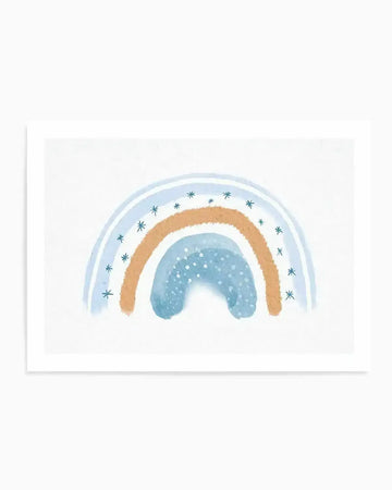 Watercolour art print featuring a whimsical rainbow in muted tones of light blue, pale orange, and a darker speckled blue. The outer arc is light blue with thin white stripes, followed by a pale orange arc adorned with small blue starbursts, and an innermost arc of speckled dark blue. The artwork has a soft, hand-painted quality on a white background.
