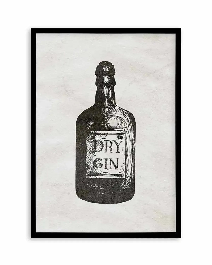Art print featuring a black and white illustration of a vintage-style "DRY GIN" bottle, with a textured, distressed appearance, displayed in a black frame with a white border.