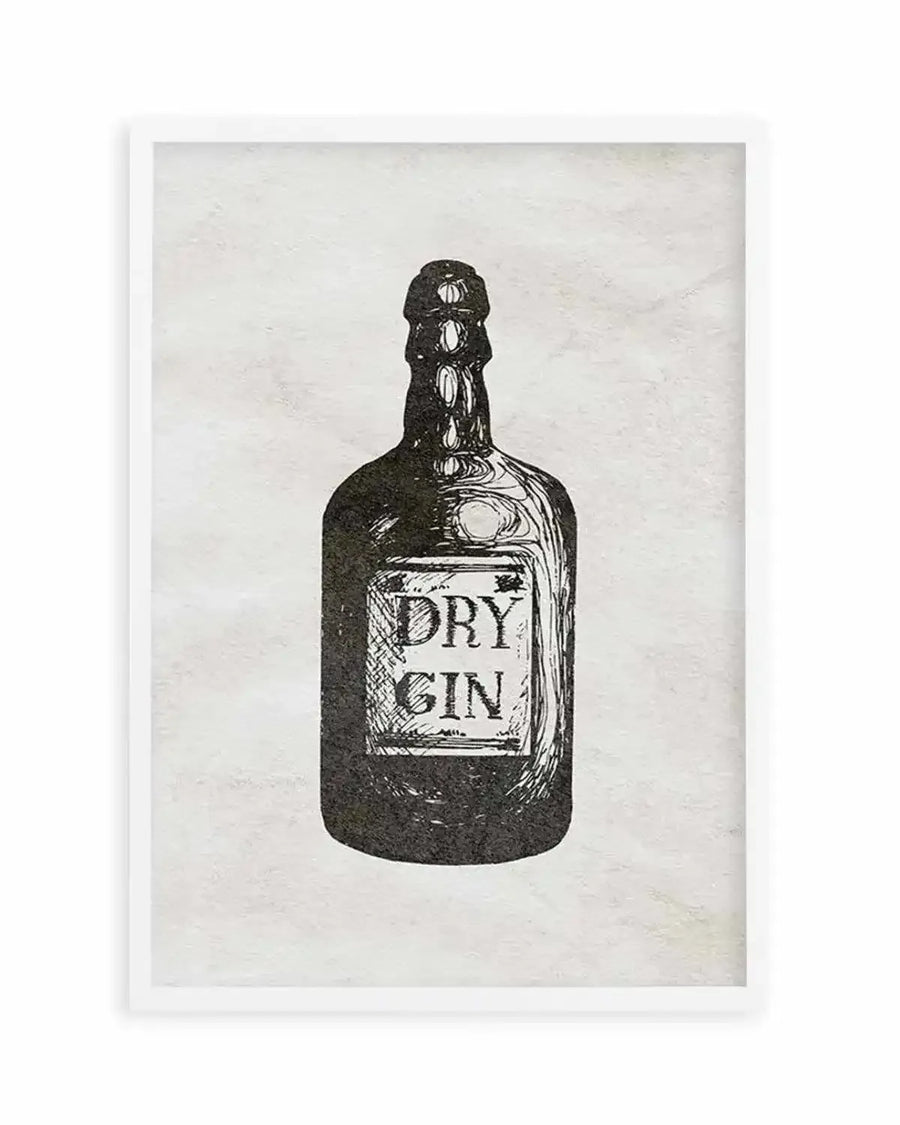 Art print featuring a black and white illustration of a vintage-style gin bottle with a label that reads "DRY GIN" in a rustic font, displayed in a white frame with a white border. The illustration has a textured, hand-drawn quality against a light, subtly textured background.