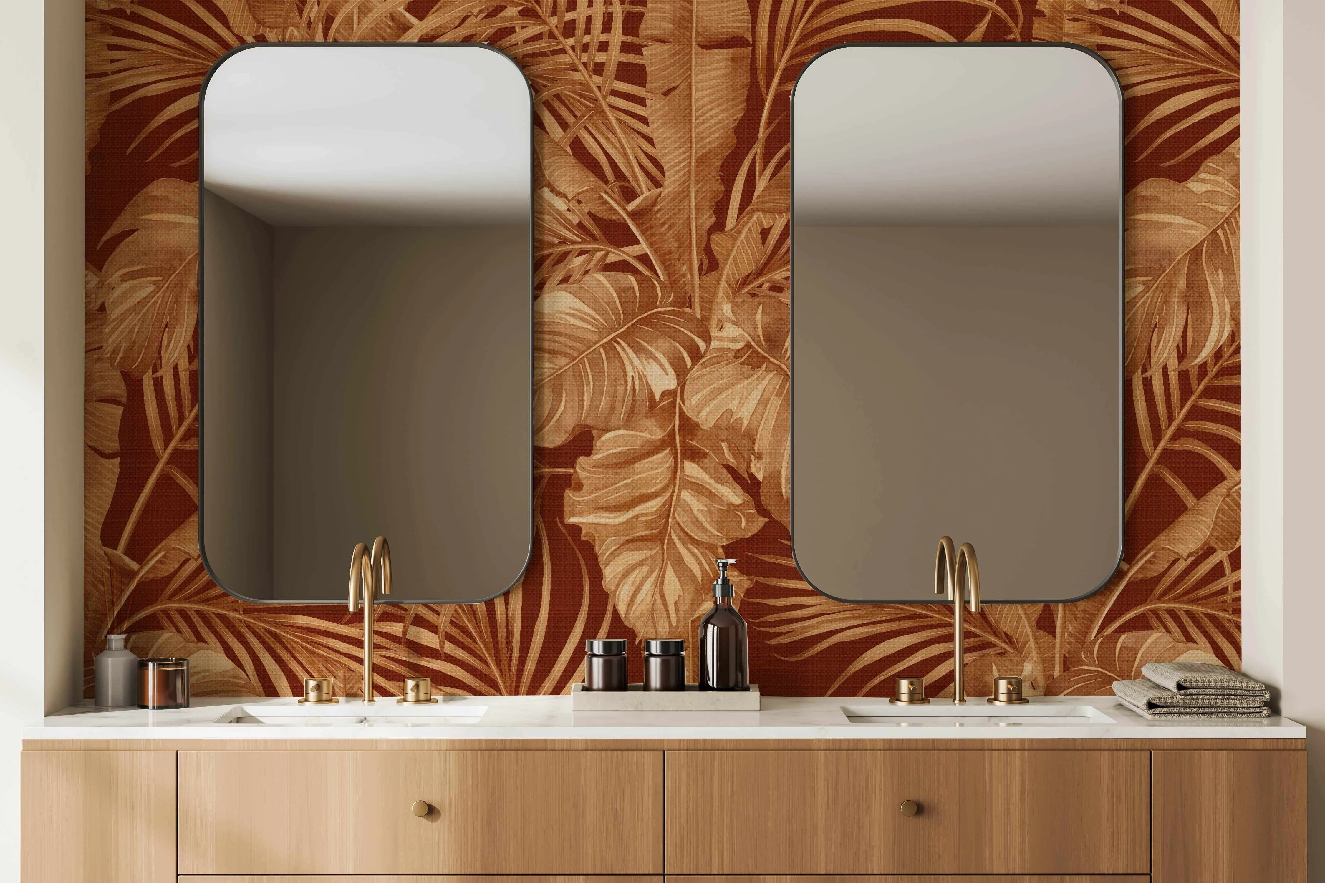 Dubai Palm In Crimson Wallpaper from Olive et Oriel where you can shop wallpaper and artworks online