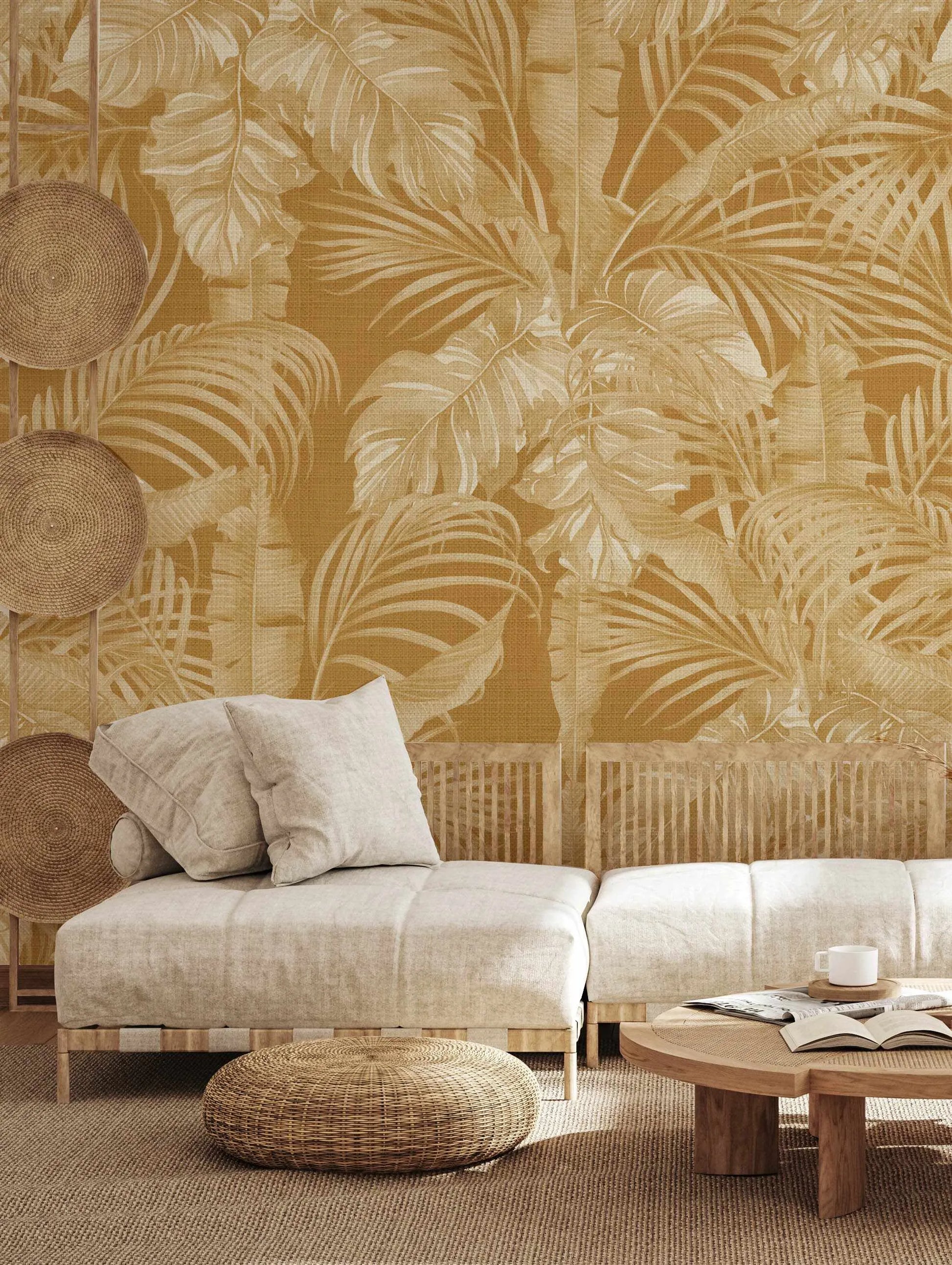 Dubai Palm In Mustard Wallpaper from Olive et Oriel where you can shop wallpaper and artworks online