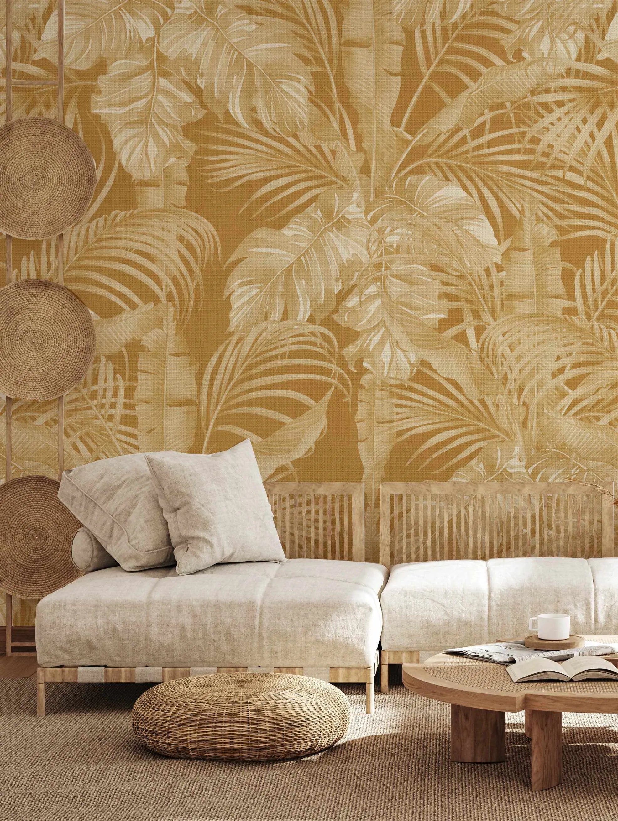 Dubai Palm In Mustard Wallpaper from Olive et Oriel where you can shop wallpaper and artworks online