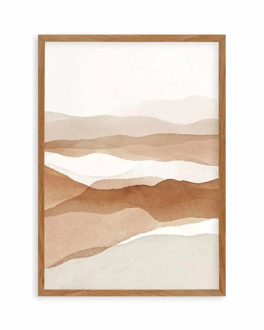 Abstract art print featuring layered, undulating shapes in varying shades of warm brown, terracotta, and cream, creating a serene, minimalist landscape with a watercolour texture. Printed on fine art paper and displayed in a natural oak frame with white border.