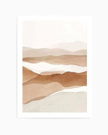 Abstract art print featuring layered, undulating shapes in varying shades of warm brown, terracotta, and beige, suggestive of desert dunes or rolling hills. The watercolour style creates soft, blended edges and a serene, minimalist composition.