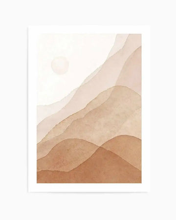 Watercolour art print featuring a minimalist landscape of rolling hills and a sun in shades of warm terracotta, light beige, and soft cream, with a gentle gradient effect creating depth and a serene mood.