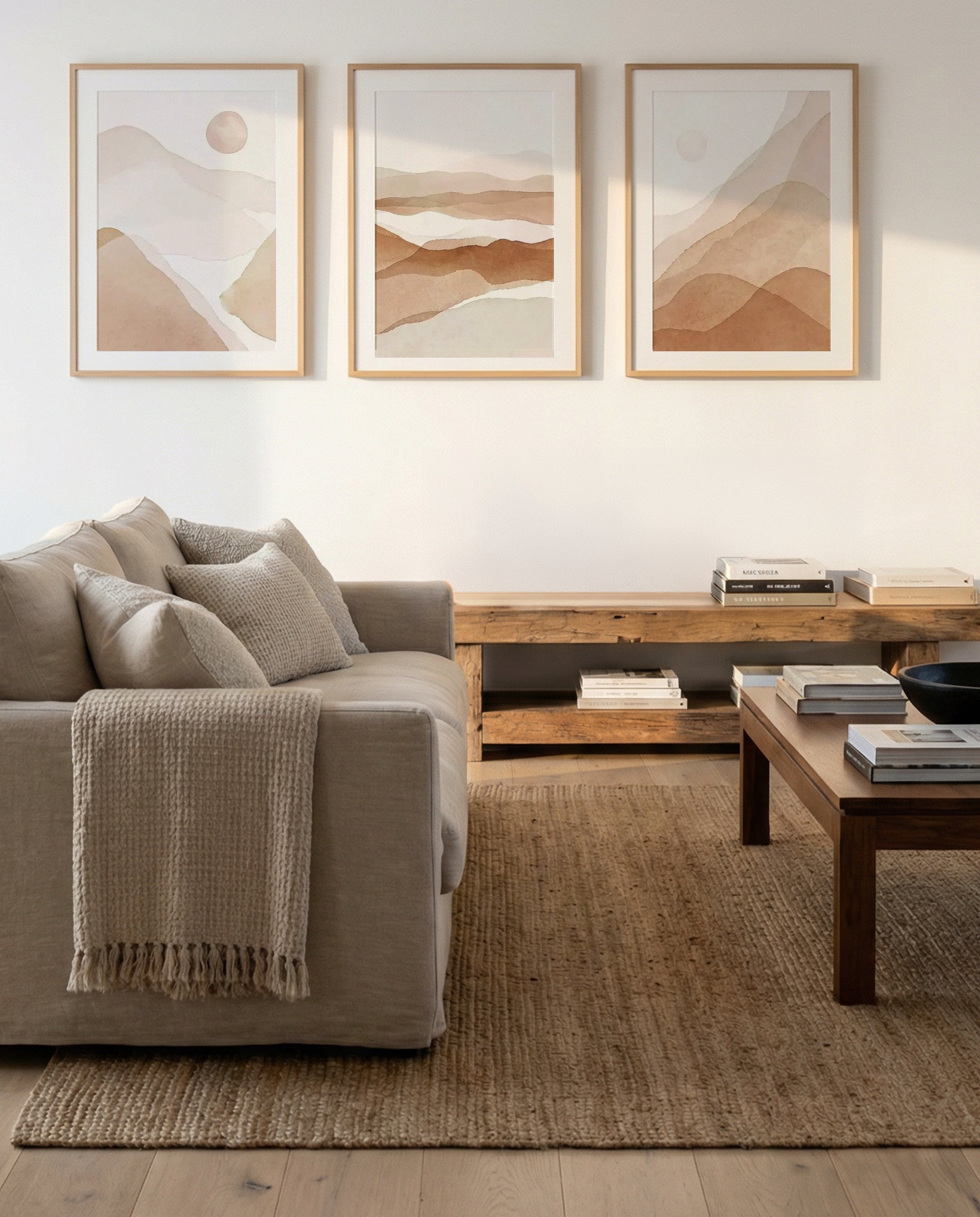 Earthen I, II & III | 3 Piece Wall Art Set in Brown abstract art print oak frame with white border