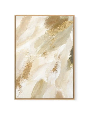 Framed canvas art print titled Eclosque II featuring an abstract composition of diagonal brushstrokes in cream, ivory, and gold tones. The painting has a textured, gestural quality with layered strokes creating movement across the canvas. A natural wood-tone frame surrounds the artwork with a white border visible between the canvas and frame.