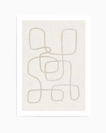 Abstract art print featuring a continuous, flowing line forming rounded, organic shapes in a light taupe or ecru color against a textured off-white background. The line creates a series of interconnected loops and curves, giving the impression of a single, unbroken path.